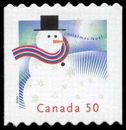 Snowman - Peak At Upper Left - Quarterly Pack Die Cut Canada Postage Stamp | Christmas