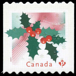 Christmas Holly - Quarterly Pack Die Cut Canada Postage Stamp | Christmas 2011