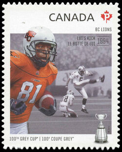 British Columbia (BC) Lions - Lui's Kick 1994 - Quarterly Pack Die Cut Canada Postage Stamp | 100th Grey Cup Game