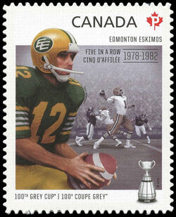 Edmonton Eskimos - Five In A Row 1978-1982 - Quarterly Pack Die Cut Canada Postage Stamp | 100th Grey Cup Game
