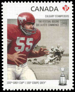 Calgary Stampeders - The Festival Begins 1948 - Quarterly Pack Die Cut Canada Postage Stamp | 100th Grey Cup Game