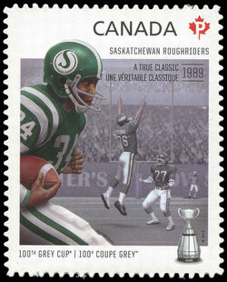 Saskatchewan Roughriders - A True Classic 1989 - Quarterly Pack Die Cut Canada Postage Stamp | 100th Grey Cup Game
