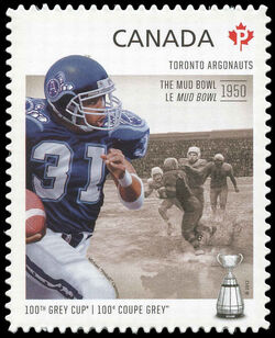 Toronto Argonauts - The Mud Bowl 1950 - Quarterly Pack Die Cut Canada Postage Stamp | 100th Grey Cup Game