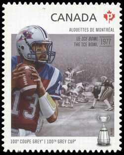 Montreal Alouettes - The Ice Bowl 1977 - Quarterly Pack Die Cut Canada Postage Stamp | 100th Grey Cup Game
