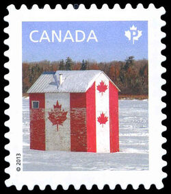 Ice Fishing Hut Flag Design - Repeating Canada Underprint Canada Postage Stamp | Canadian Pride - Definitives