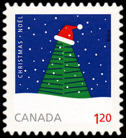Rolf Harder's Christmas Tree With Santa Hat - Quarterly Pack Die Cut Canada Postage Stamp | Christmas 2016