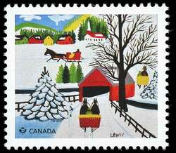 Family and Sled - Maud Lewis - WA Canada Postage Stamp | Christmas 2020