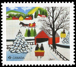 Family and Sled - Maud Lewis - Quarterly Pack Die Cut Canada Postage Stamp | Christmas 2020
