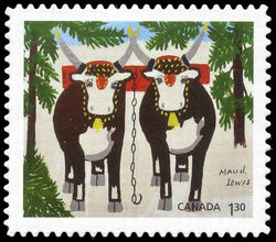 Team of Oxen in Winter - Maud Lewis - Quarterly Pack Die Cut Canada Postage Stamp | Christmas 2020