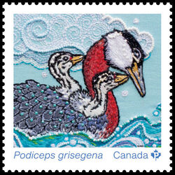 Red-necked Grebe - Podiceps Grisegena - WA Canada Postage Stamp | Animal Mothers and Babies