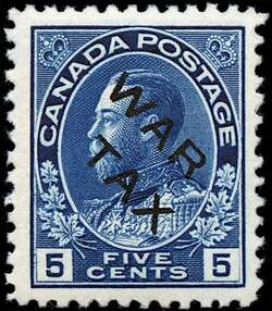 King George V - Dark Blue - War Tax - Black Overprint Canada Postage Stamp