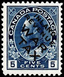 King George V - Dark Blue - Inland Revenue War Tax - Black Overprint Canada Postage Stamp