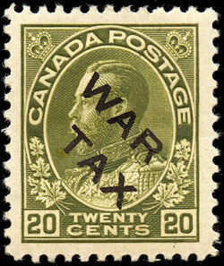 King George V - Olive Green - War Tax - Black Overprint Canada Postage Stamp