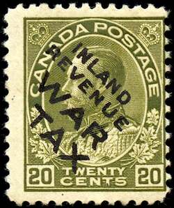 King George V - Olive Green - Inland Revenue War Tax - Black Overprint Canada Postage Stamp