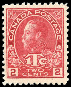King George V - Rose Red - War Tax - 1Tc - Die I Canada Postage Stamp
