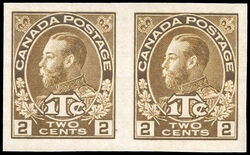 King George V - Brown - War Tax - 1Tc - Die I - Imperforate Pair Canada Postage Stamp