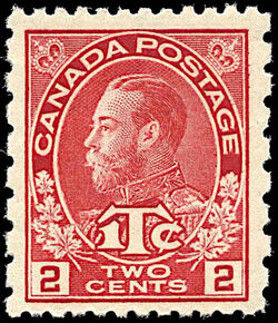 King George V - Carmine - War Tax - 1Tc - Die II Canada Postage Stamp