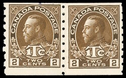 King George V - Brown - War Tax - 1Tc - Die II - Horizontal Imperforate - Paste-up Pair Canada Postage Stamp