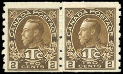 King George V - Brown - War Tax - 1Tc - Die I - Horizontal Imperforate - Paste-up Pair Canada Postage Stamp