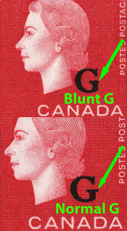 Queen Elizabeth II - Carmine - G Overprint - Blunt G Canada Postage Stamp