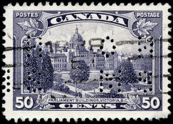 Parliament Buildings, Victoria, B.C. - Dull Violet - OHMS - 4 Holes in Vertical H Bars Canada Postage Stamp