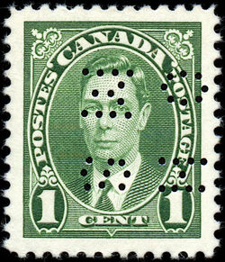 King George VI - Green - OHMS - 4 Holes in Vertical H Bars Canada Postage Stamp