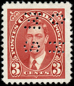 King George VI - Carmine - OHMS - 4 Holes in Vertical H Bars Canada Postage Stamp