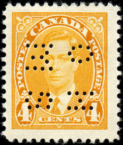King George VI - Yellow - OHMS - 4 Holes in Vertical H Bars Canada Postage Stamp