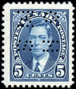 King George VI - Blue - OHMS - 4 Holes in Vertical H Bars Canada Postage Stamp