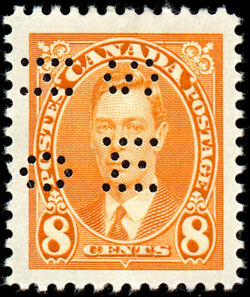King George VI - Orange - OHMS - 4 Holes in Vertical H Bars Canada Postage Stamp