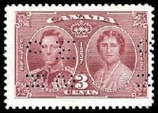 H.M. George VI & H.M. Queen Elizabeth - Carmine - OHMS - 4 Holes in Vertical H Bars Canada Postage Stamp