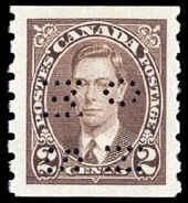 King George VI - Brown - Horizontal Imperforate - OHMS - 4 Holes in Vertical H Bars Canada Postage Stamp