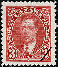 King George VI - Carmine - OHMS - 4 Holes in Vertical H Bars Canada Postage Stamp