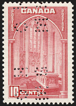 Memorial Chamber, Parliament Buildings, Ottawa - Carmine Rose - OHMS - 4 Holes in Vertical H Bars Canada Postage Stamp