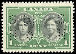 Princess Elizabeth & Princess Margaret Rose - Green and Black - OHMS - 4 Holes in Vertical H Bars Canada Postage Stamp