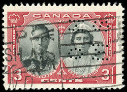 H.M. George VI & H.M. Queen Elizabeth - Dark Carmine and Black - OHMS - 4 Holes in Vertical H Bars Canada Postage Stamp