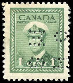 King George VI - Green - OHMS - 4 Holes in Vertical H Bars Canada Postage Stamp