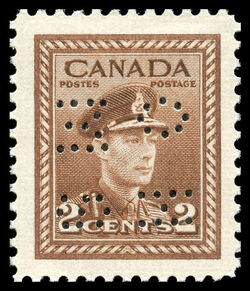 King George VI - Brown - OHMS - 4 Holes in Vertical H Bars Canada Postage Stamp