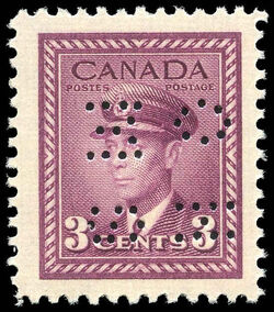 King George VI - Rose Violet - OHMS - 4 Holes in Vertical H Bars Canada Postage Stamp