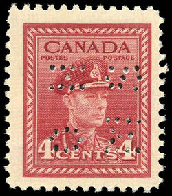 King George VI - Dark Carmine - OHMS - 4 Holes in Vertical H Bars Canada Postage Stamp