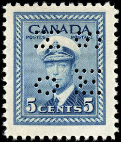 King George VI - Deep Blue - OHMS - 4 Holes in Vertical H Bars Canada Postage Stamp