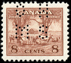 Canadian Farm Scene - Red Brown - OHMS - 4 Holes in Vertical H Bars Canada Postage Stamp