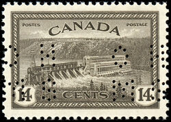 Hydro-Electric Power Plant, Quebec - Black Brown - OHMS - 4 Holes in Vertical H Bars Canada Postage Stamp