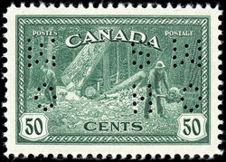 Logging - British Columbia - Dark Blue Green - OHMS - 4 Holes in Vertical H Bars Canada Postage Stamp
