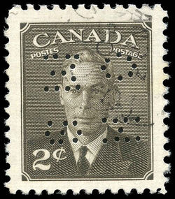 King George VI - Sepia - OHMS - 4 Holes in Vertical H Bars Canada Postage Stamp