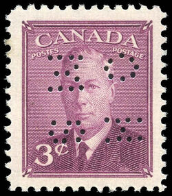 King George VI - Rose Violet - OHMS - 4 Holes in Vertical H Bars Canada Postage Stamp