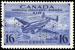 Trans-Canada Airplane, Air, Special Delivery - OHMS - 4 Holes in Vertical H Bars Canada Postage Stamp