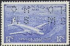 Mail Plane Over Quebec, Air, Special Delivery - Incorrect Accent of EXPRES - OHMS - 4 Holes in Vertical H Bars Canada Postage Stamp
