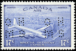 Mail Plane Over Quebec, Air, Special Delivery - Correct Accent of EXPRES - OHMS - 4 Holes in Vertical H Bars Canada Postage Stamp