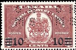 Canadian Coat of Arms, Special Delivery - OHMS - 4 Holes in Vertical H Bars Canada Postage Stamp